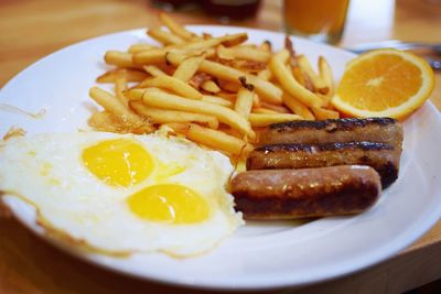 Close-up breakfast served on table