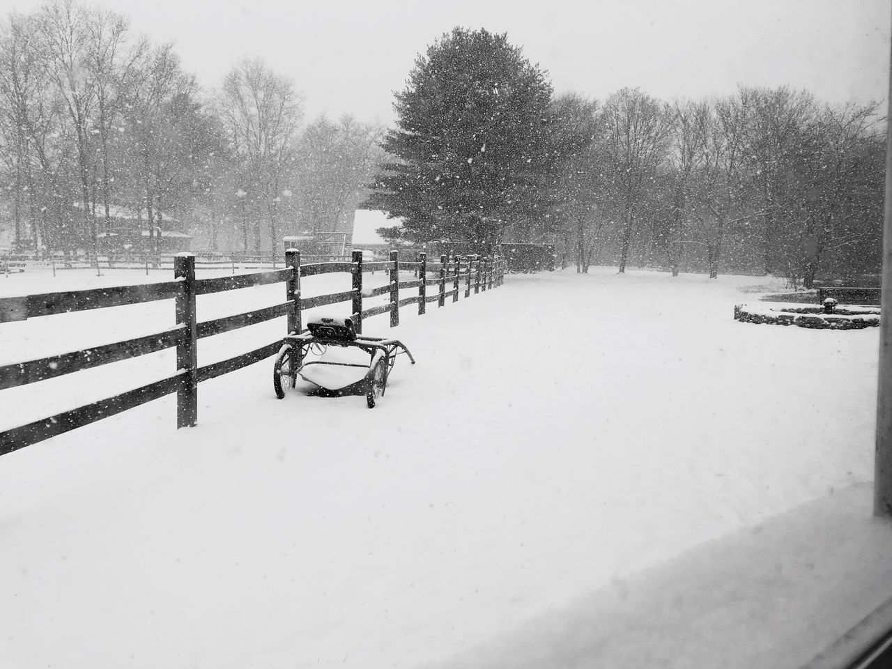 snow, winter, cold temperature, season, weather, covering, tree, transportation, frozen, nature, white color, mode of transport, snow covered, covered, tranquility, tranquil scene, bare tree, railing, road, clear sky
