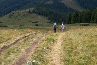 Rear view of couple walking on footpath