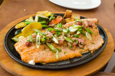 Close-up of food in tray on table