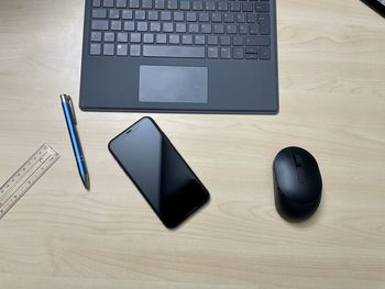 High angle view of objects on table