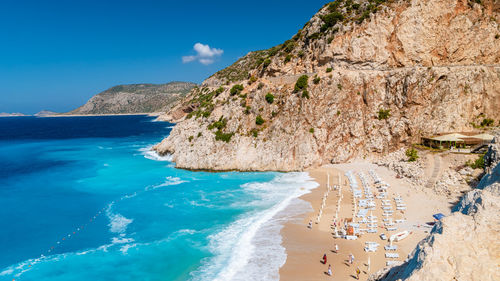 Scenic view of beach against clear blue sky