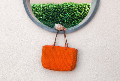 Close-up of clothes hanging on paper