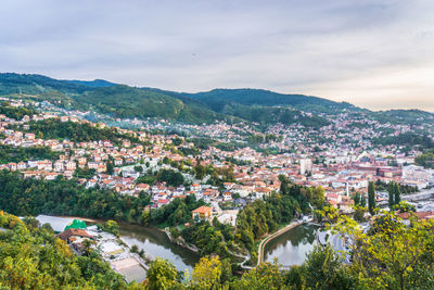 High angle view of townscape against sky