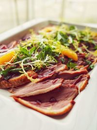 High angle view of food served in plate