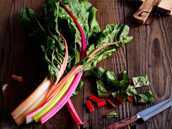 High angle view of chopped vegetables on table