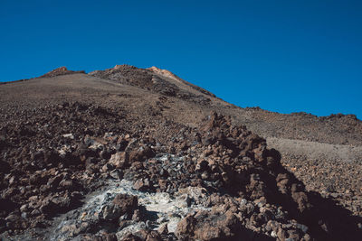 Scenic view of rocky mountains against clear blue sky