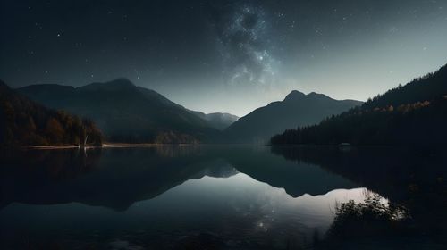 Scenic view of lake and mountains against sky at night