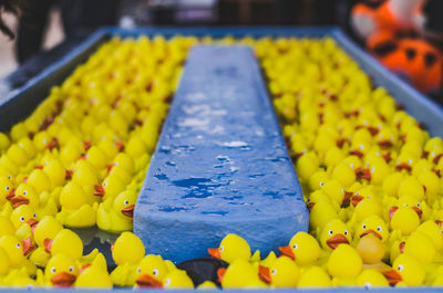 Close-up of rubber ducks floating on water in container at market