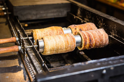 High angle view of meat on barbecue grill