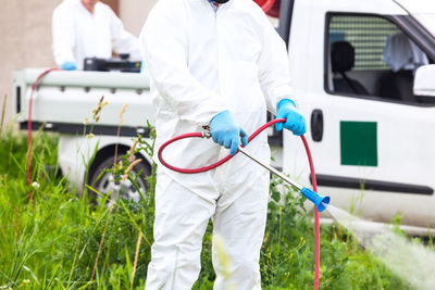 Worker in protective work wear spraying herbicide on ragweed