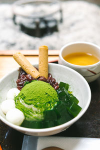 Close-up of soup in bowl on table