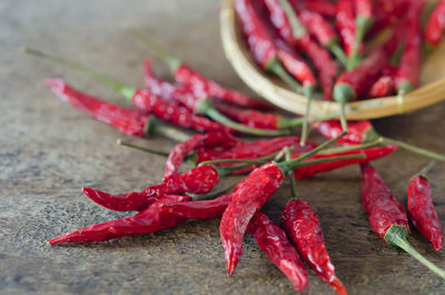 Close-up of red chili peppers on table