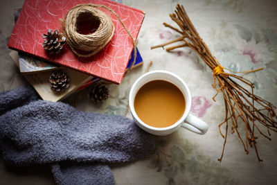 High angle view of coffee on table