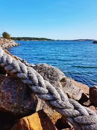 Scenic view of sea against clear blue sky