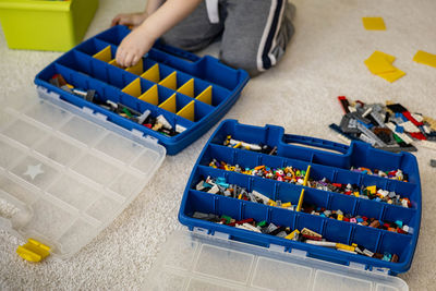 High angle view of multi colored toys on table