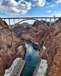 Bridge over red rock canyon with winding river 