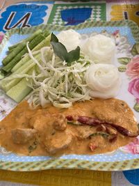 High angle view of food served on table