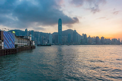 View of city buildings against cloudy sky