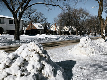 Snow covered bare trees and buildings against sky