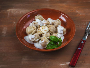 High angle view of food in bowl on table