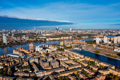 Aerial panoramic view of the canary wharf business district in london, uk.