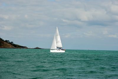 Sailboat sailing on sea against sky