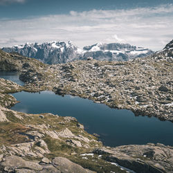 Scenic view of lake by snowcapped mountains against sky