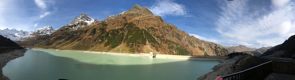 Panoramic view of lake and snowcapped mountains against sky