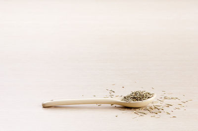 Close-up of bread on table against white background