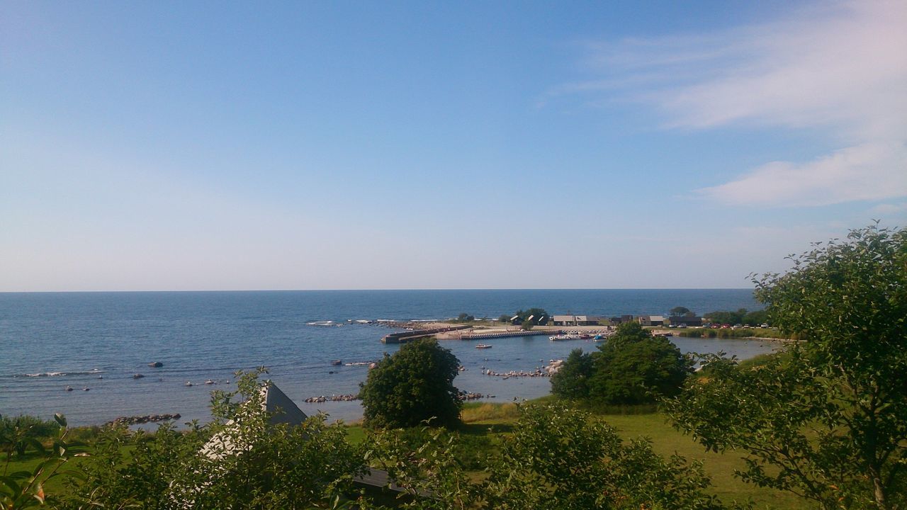 sea, water, horizon over water, tranquil scene, tranquility, scenics, beach, beauty in nature, nature, blue, sky, copy space, shore, clear sky, plant, nautical vessel, coastline, tree, high angle view, day