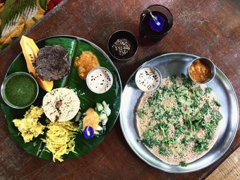 High angle view of salad in bowl on table