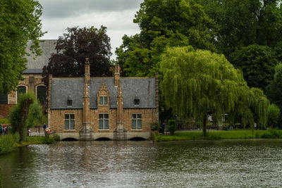 Pond against trees and houses in city