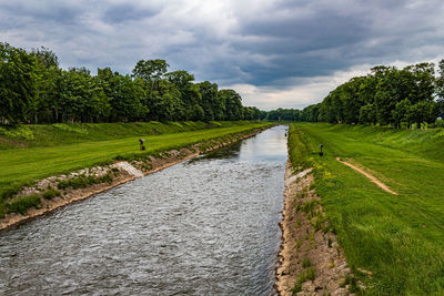 Scenic view of canal amidst trees against sky