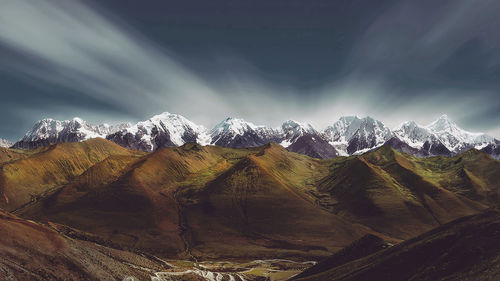 Scenic view of snowcapped mountains against sky