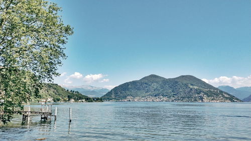 Scenic view of lake and mountains against sky