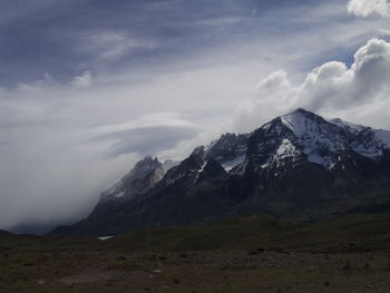 Scenic view of snowcapped mountains against sky, torres del paine mountains, chile 