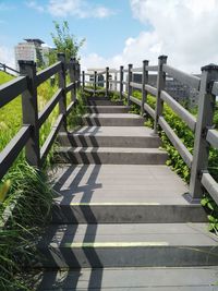 Empty footpath by railing against sky