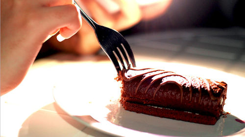 Close-up of hand holding chocolate cake on table
