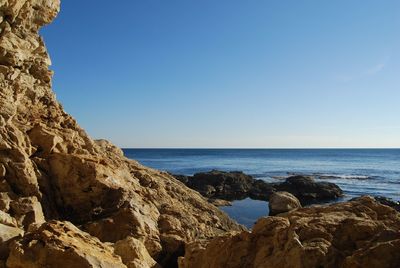 Scenic view of sea against clear blue sky