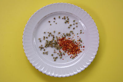 High angle view of food in plate on table