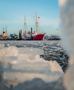 Frosty winter day, harbour, ships elb river, frozen in hamburg germany