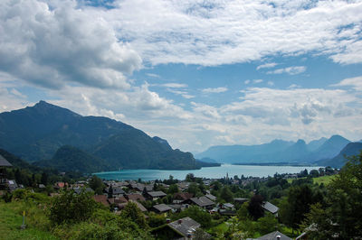 Scenic view of lake and mountains against sky