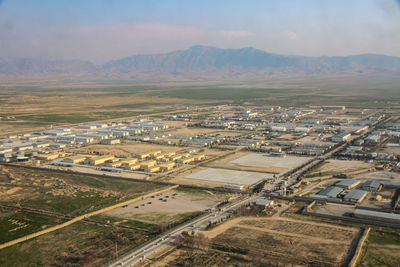 High angle view of agricultural field against sky