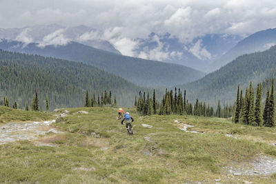 Rear view of bikers cycling on mountain against sky