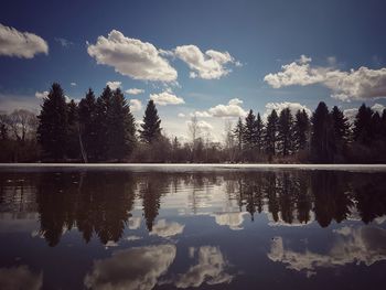 Reflection of trees in lake against sky