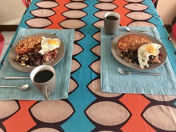 High angle view of breakfast served on table