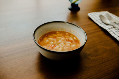 Close-up of soup in bowl on table