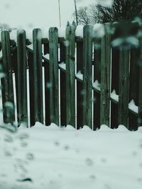 Close-up of snow on fence against sky