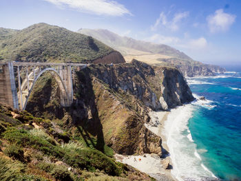 Scenic view of sea and mountains against sky